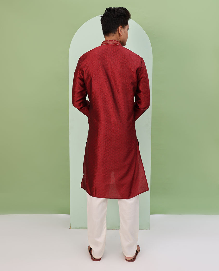 Red Arygle design embossed full-sleeved readymade kurta