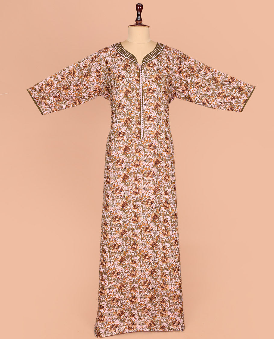 Pale Orange Cotton Nighty Accentuated with Floral Print, Featuring Lace Work, Sweet-Heart-Style Front Neck, and 3/4th Sleeves