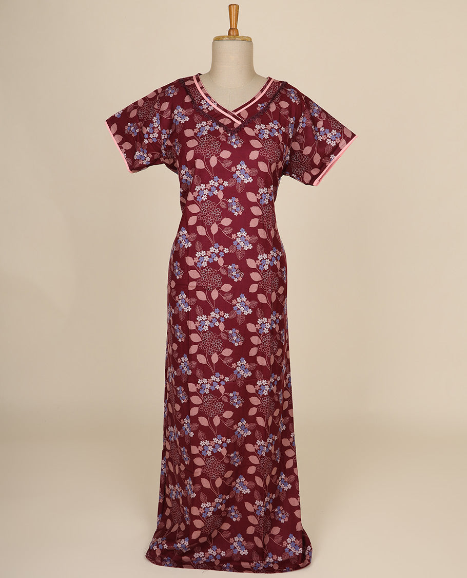 Maroon floral printed & v neck cotton half-sleeve nighty