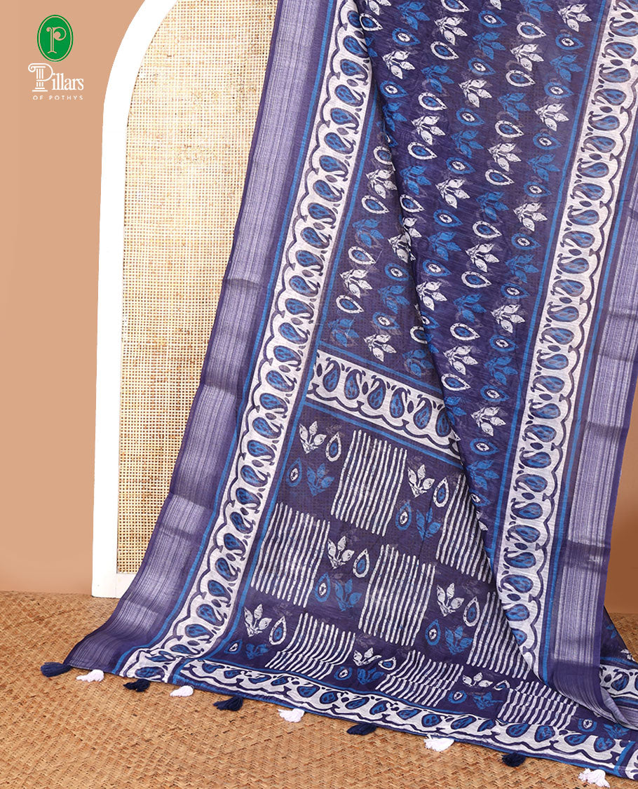 Indigo blue printed semi chanderi cotton saree with zari bawanchi, mango design border & printed rich pallu along with butta design blouse