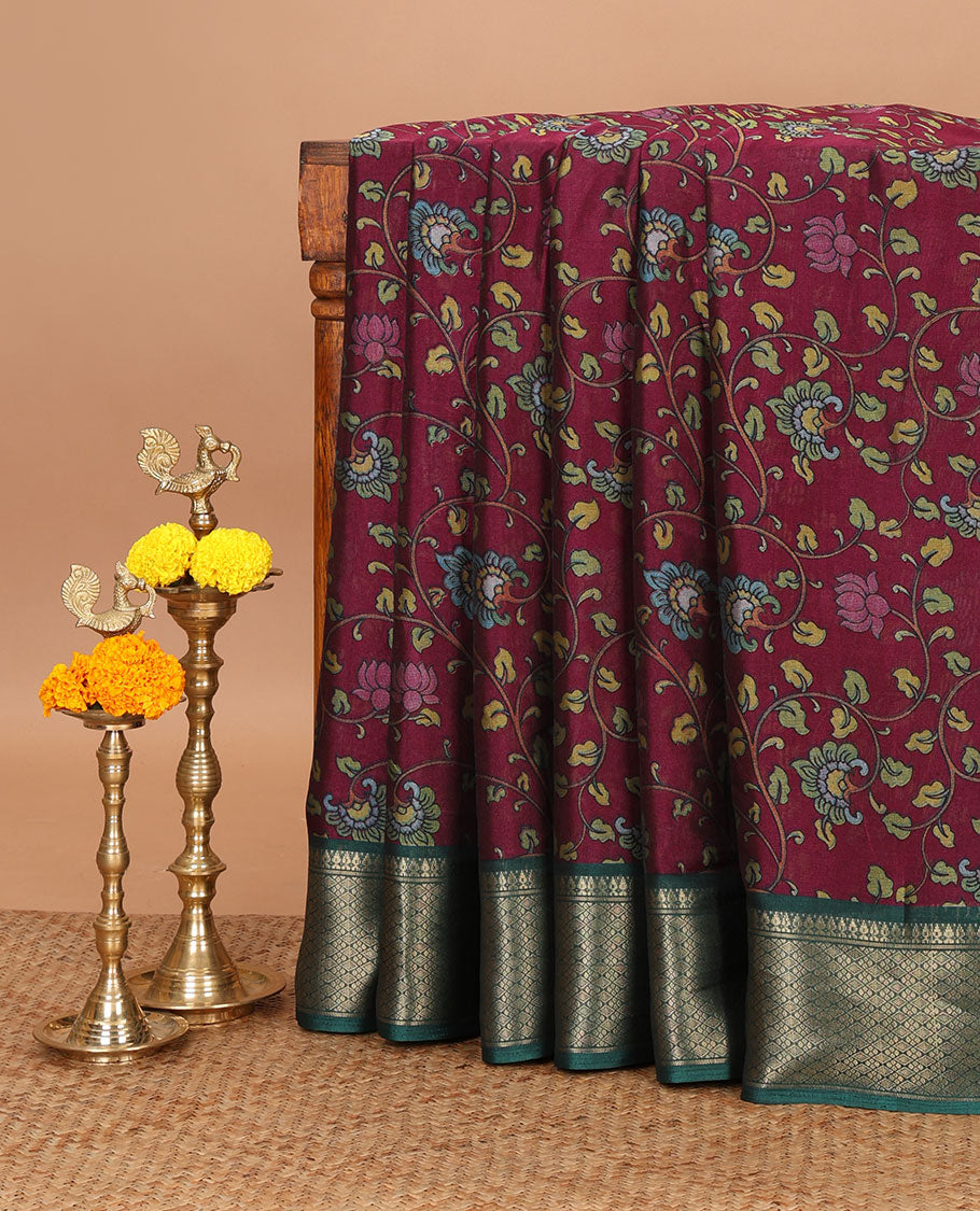 Purple kalamkari-style floral vine printed dola silk saree, contrast traditional zari border & kalamkari peacock pallu