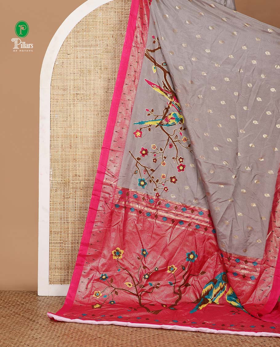 Grey flower and parrot with gold foil peacock printed design dola silk saree, contrast paithani style border & flower and parrot printed pallu along with gold foil prinetd blouse