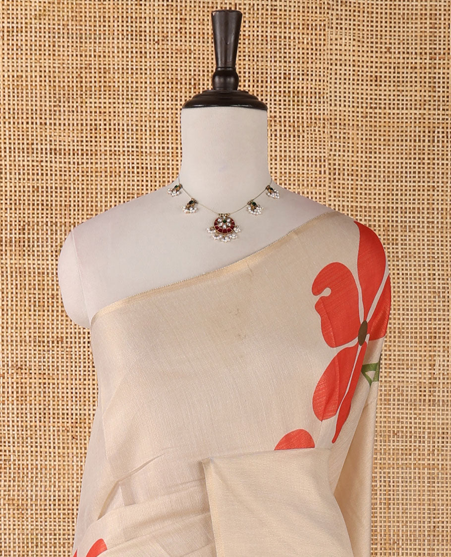 Borderless cream printed onam tissue silk saree features rust color five-petal flower & leaf motifs print, matching floral print blouse