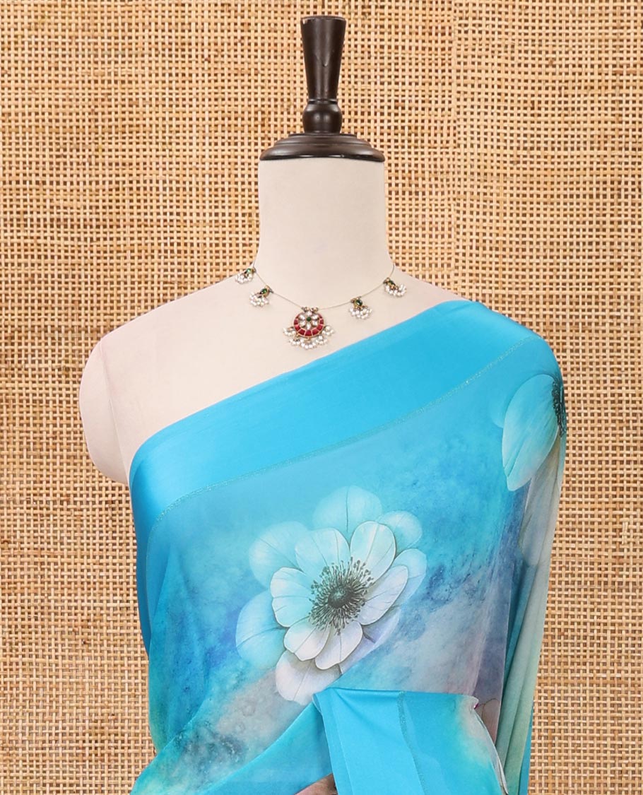 Blue floral digital printed premium georgette saree, satin border, floral printed pallu & printed blouse