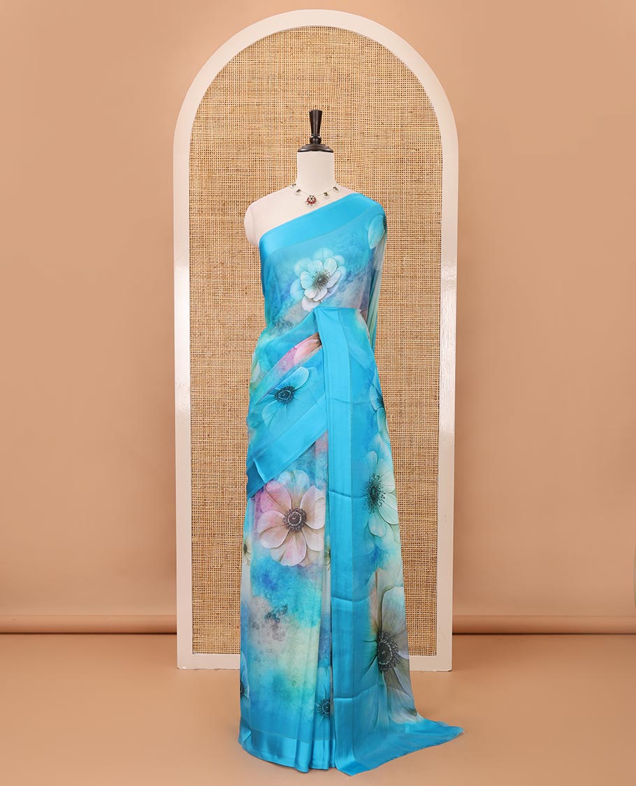 Blue floral digital printed premium georgette saree, satin border, floral printed pallu & printed blouse