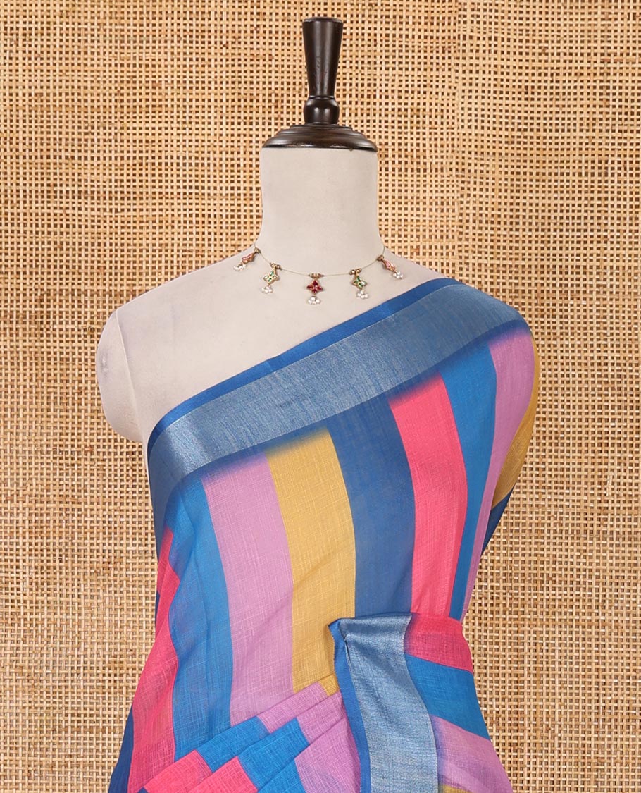 Blue-base colorful vertical stripes printed linen cotton saree, silver zari bavanji border, ice cream motifs printed pallu & contrast printed blouse