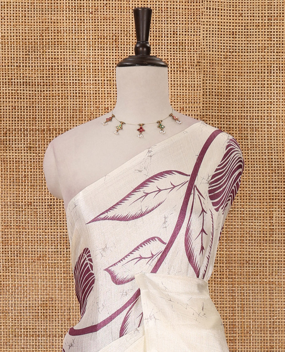 Borderless cream-lavender batik-style floral printed khadi cotton saree, printed pallu & printed blouse