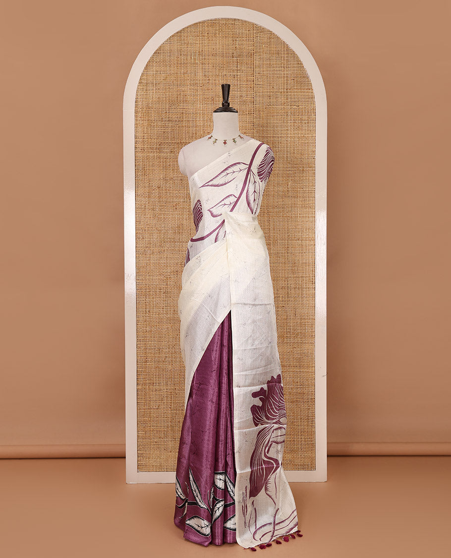 Borderless cream-lavender batik-style floral printed khadi cotton saree, printed pallu & printed blouse