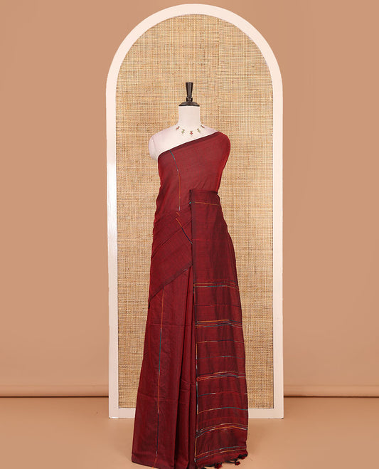 Borderless maroon vertical multi-color thread striped khadi jute linen saree, striped pallu & matching plain blouse