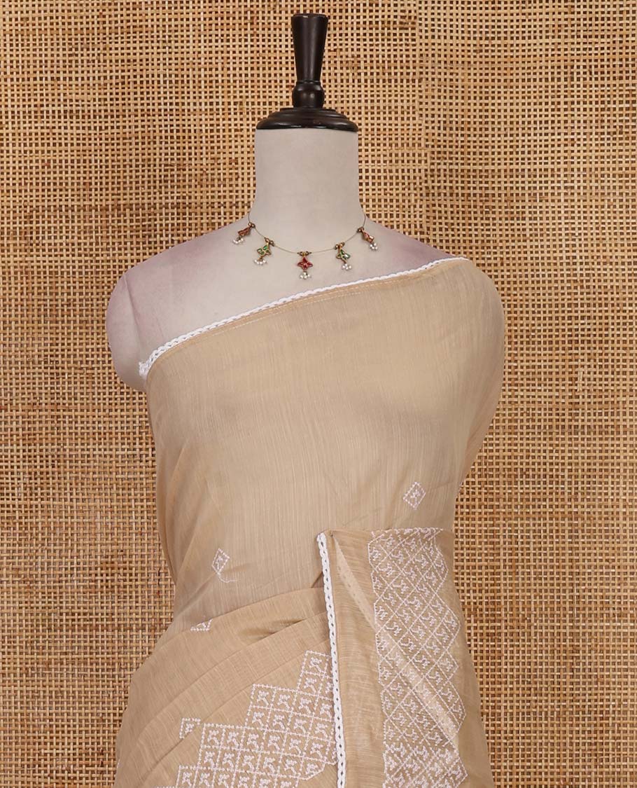 Sandal diamond patterns white resham thread embroidered mercerised cotton saree, lace border, and matching plain blouse