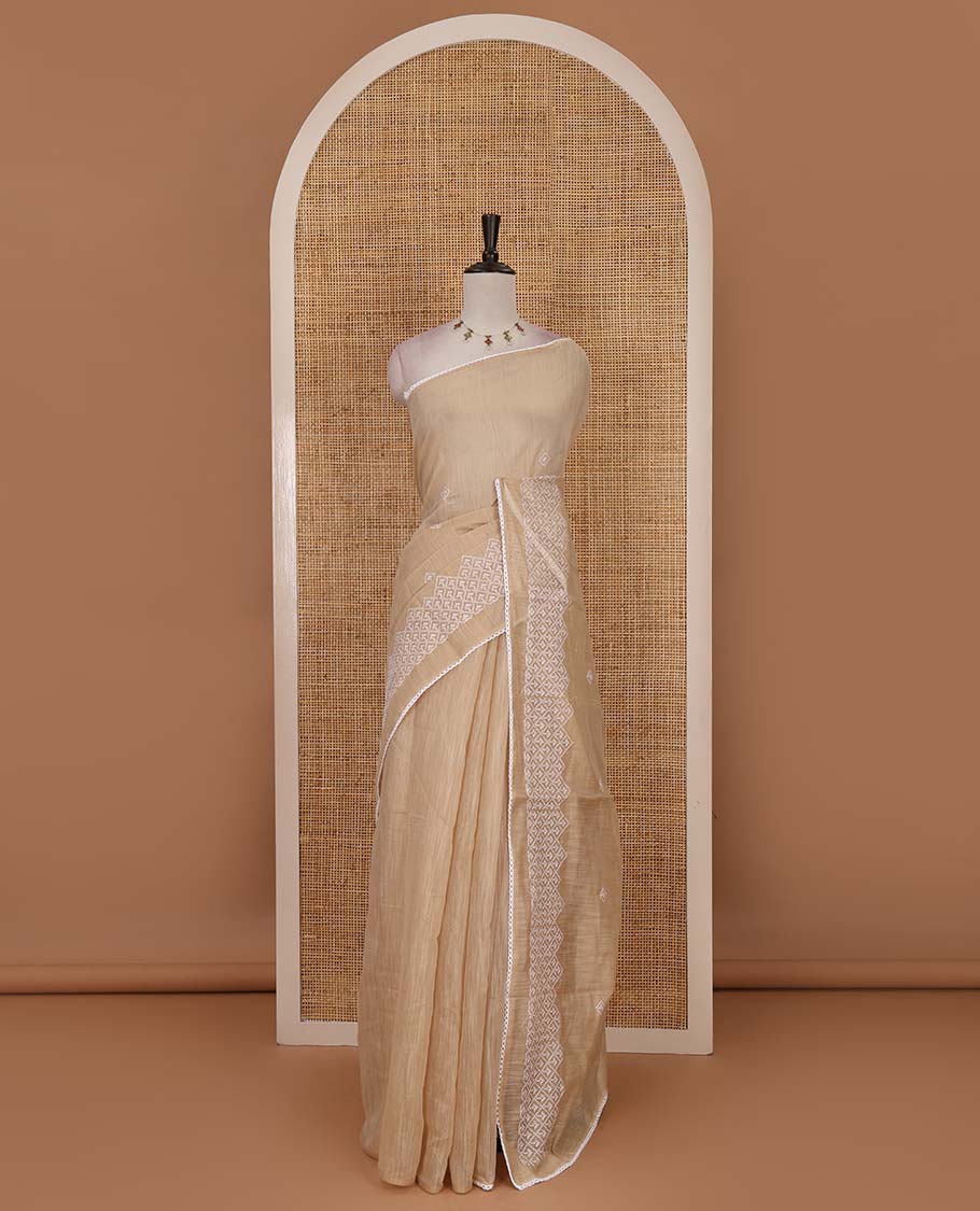 Sandal diamond patterns white resham thread embroidered mercerised cotton saree, lace border, and matching plain blouse