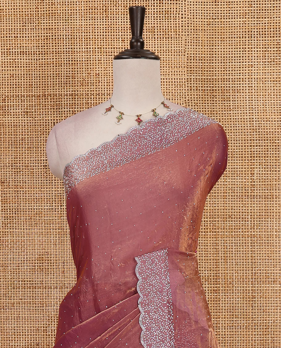 Lavender Swarovski crystal stone embedded fendy chiffon saree, scallop Swarovski stone embroidered border, and contrast plain blouse