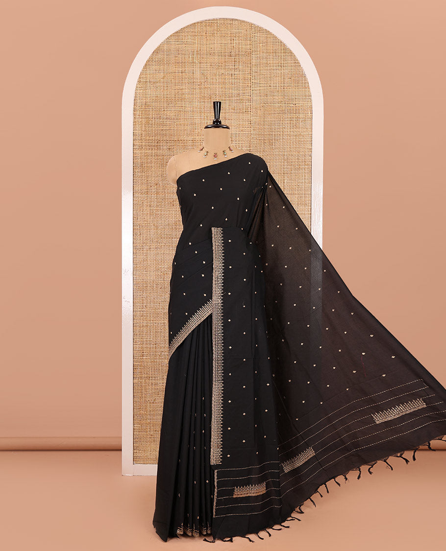 Black small motifs thread embroidered South cotton saree, thread embroidered border, thread embroidered pallu, and a plain matching blouse