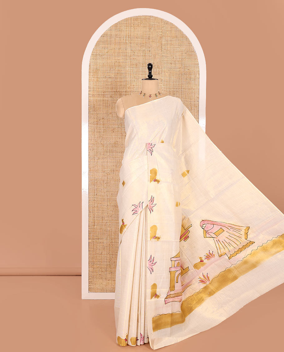 Gold-Mustard Kerala Cotton Saree Subtly Sparked with Handblock-Printed Flora-Fauna-Architecture Motifs, Featuring a Self Pallu with Matching Flora-Fauna-Architecture Handblock Prints, Paired with a Matching Plain Blouse.