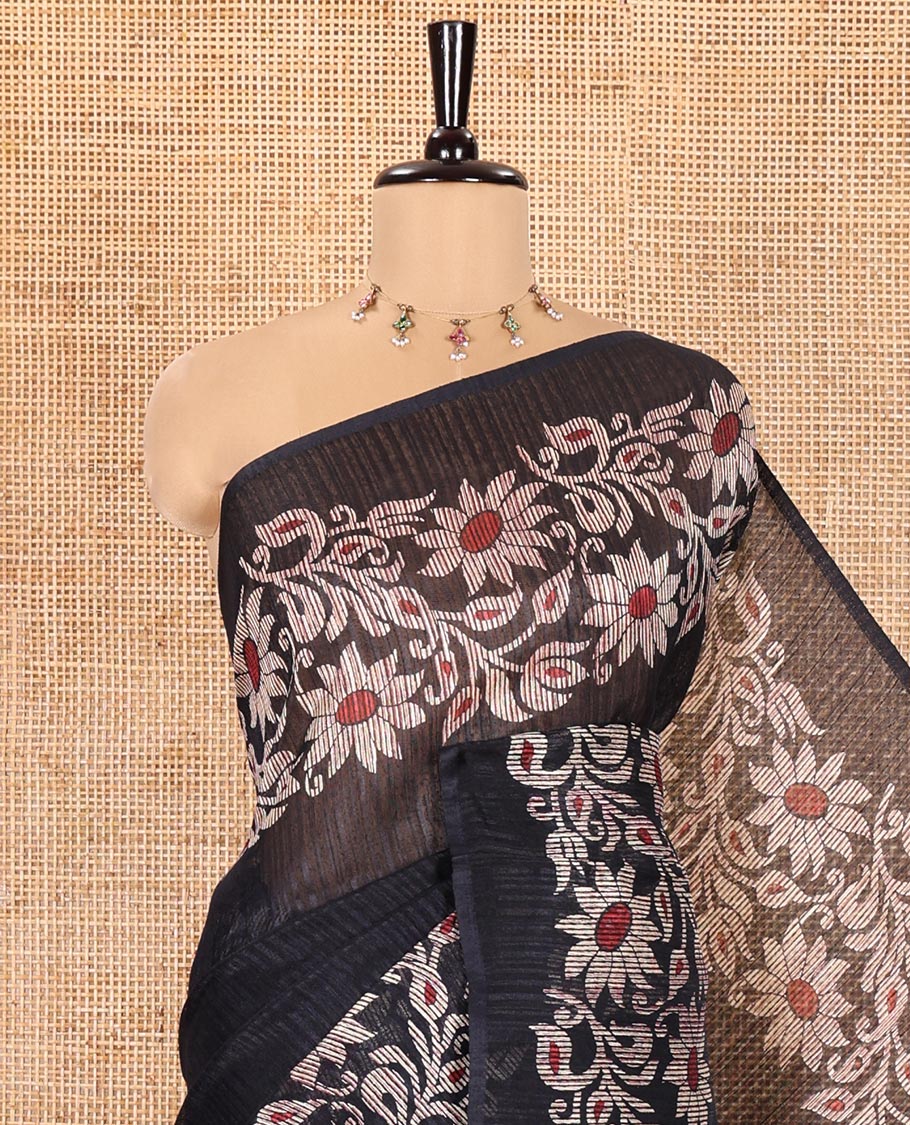 Navy Blue Plain Green-Silk Linen Cotton Saree, Highlighted by Jamdani-Style Floral Vine Printed Border, Pallu of Jamdani Floral Print, and Paired with a Matching Printed Blouse