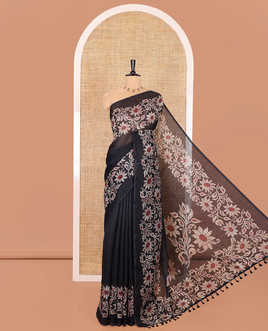 Navy Blue Plain Green-Silk Linen Cotton Saree, Highlighted by Jamdani-Style Floral Vine Printed Border, Pallu of Jamdani Floral Print, and Paired with a Matching Printed Blouse