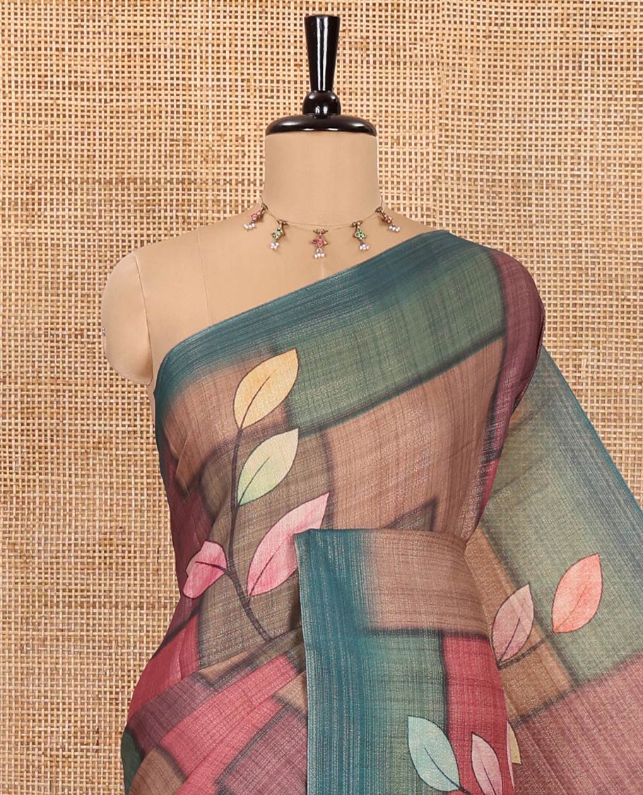 Multi-Color Tissue Saree, Detailed with Geometric Patterns and Leaf Motifs Printed on Its Body, Complemented by a Contrast Plain Border, Pallu of the Same Print, and Paired with a Contrast Blouse