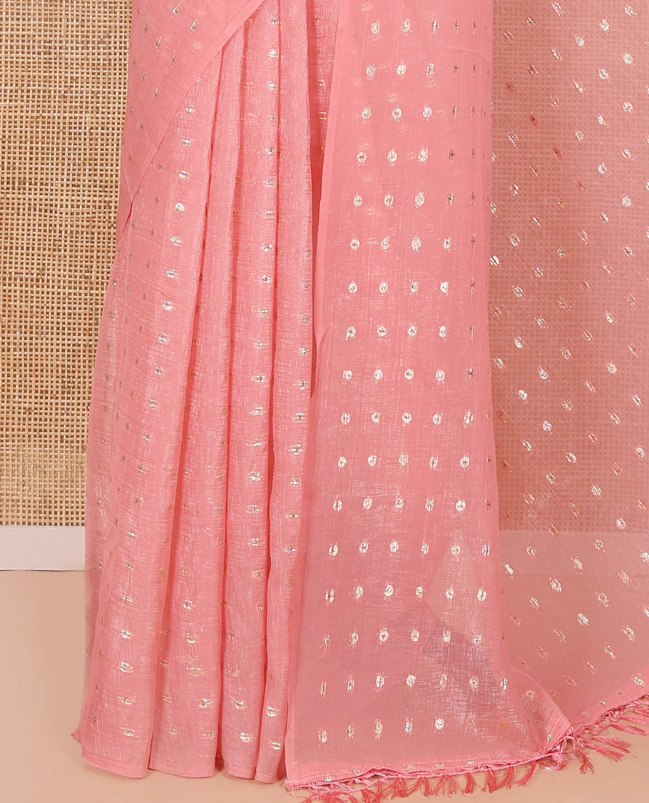 Borderless Peach Shimmer Saree, Beautified with Zari Buttas All Over Its Body, Pallu Mirrors the Same Buttas, and Comes Without a Blouse