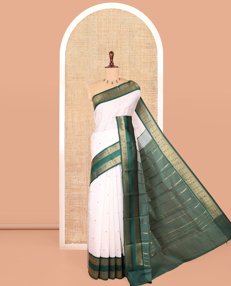 Cream-Green Elite Soft Silk Saree, Adorned with Buttas, Contrast Traditional Rettai Pettu Border, Striped Pallu, and Contrast Blouse