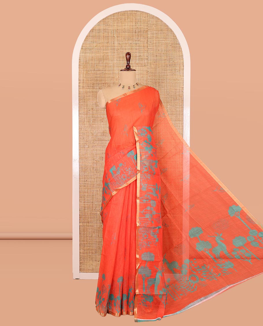 Orange Linen Cotton Saree, Accentuated with Flora-Fauna Print, a Piping Border, Printed Pallu and a Contrast Blouse