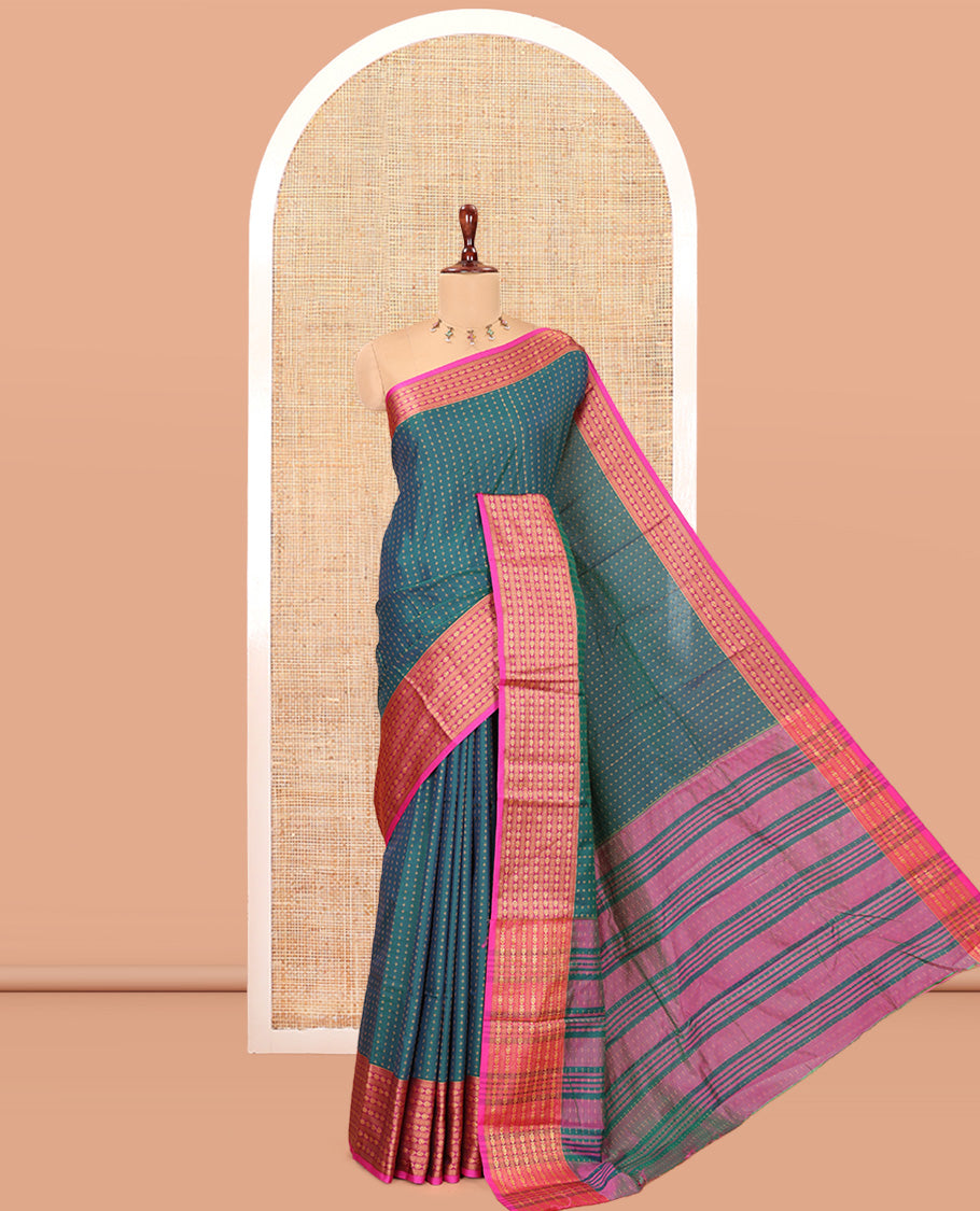 Peacock Green Semi-Soft Silk Saree, Adorned with Plus-Shaped Buttas, Complemented by a Contrast Border, Striped Pallu, and a Contrast Blouse