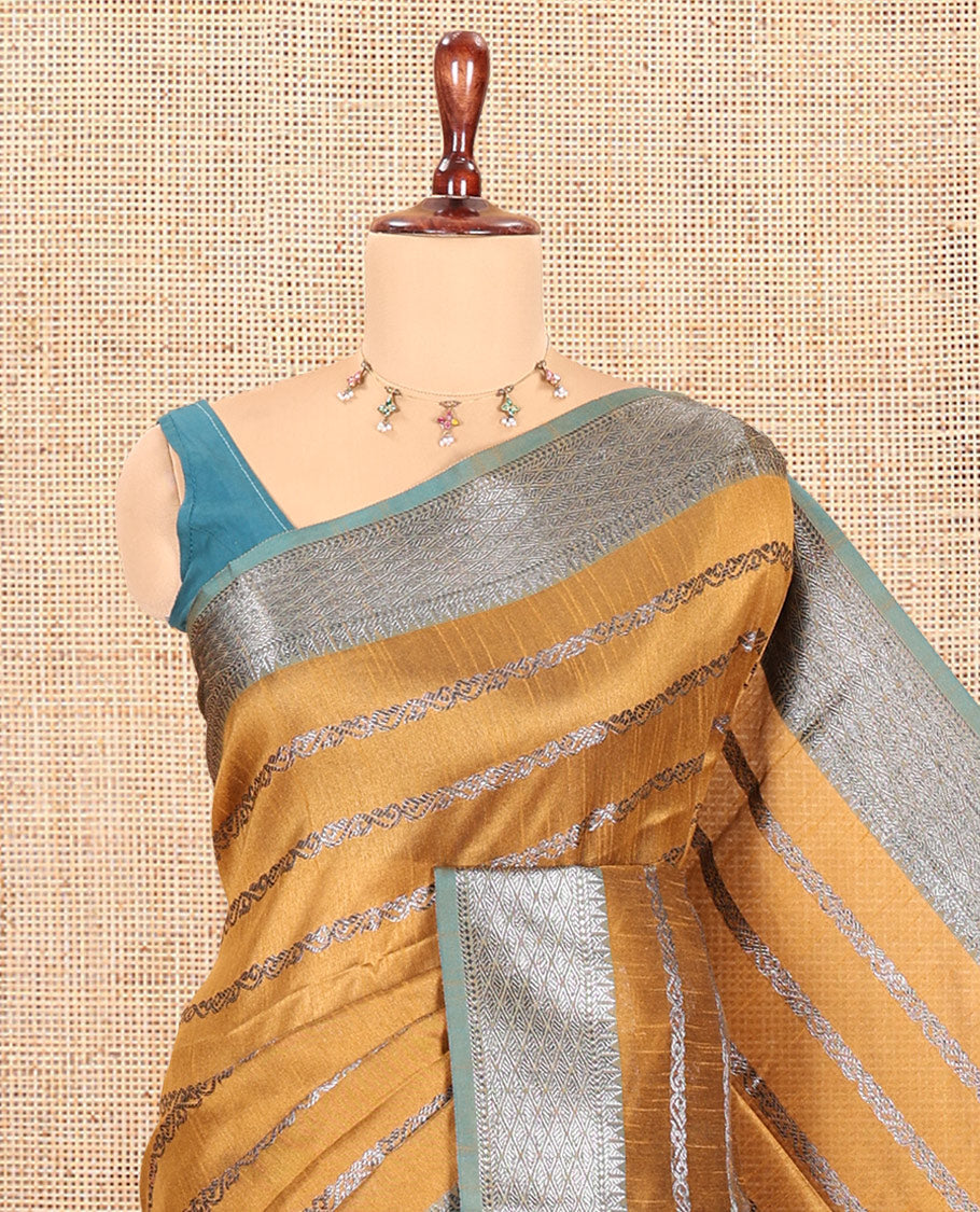Mustard Zari-Striped Semi-Raw Silk Saree with a Contrast Zari Border, Intricate Pallu, and Contrast Blouse