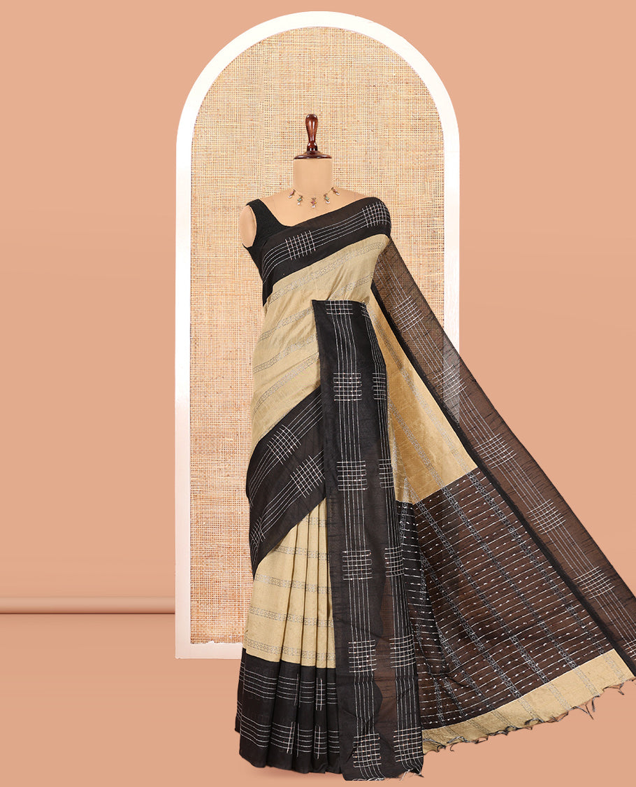Chikku Zari Design Semi-Raw Silk Saree, a Contrast Checked Design Border, a Contrast Pallu, and a Contrast Blouse