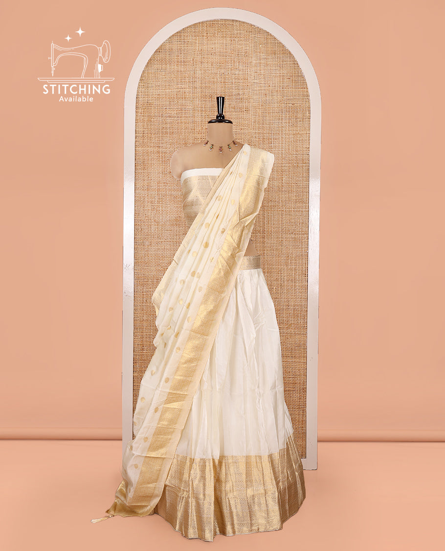 Cream Semi-Banarasi Half-Saree Featuring Plain Skirt, Traditional Zari Border, Matching Blouse, Zari Buttas Dhavani
