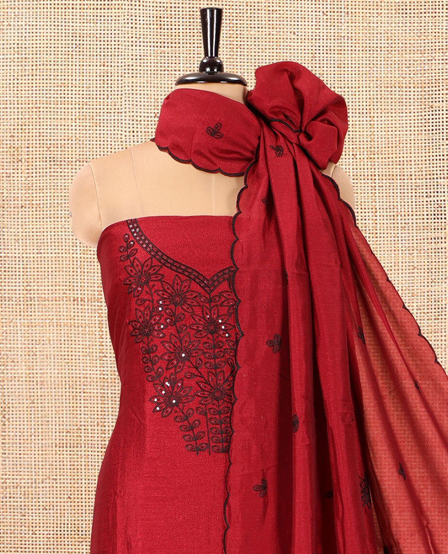 Maroon Vichitra Silk Material Chudidar Set Featuring Sequins-Thread-Embroidered Top, a Santoon Bottom, and Matching Scallop-Embroidery Dupatta