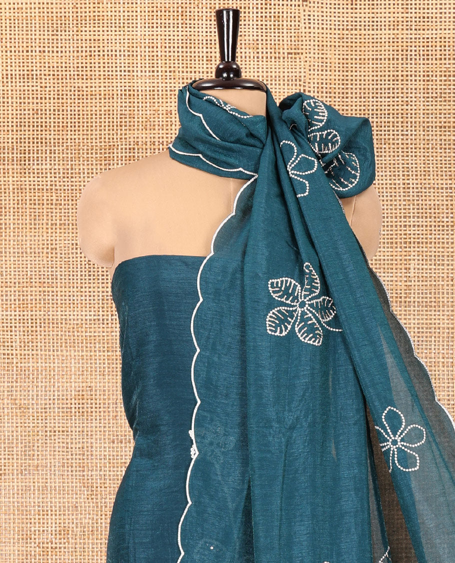 Peacock Blue Material Chudidar Set, Delicately Woven with Floral Thread Embroidered Mul Chanderi Top, a Mul Chanderi Bottom, Paired with Floral Thread-Embroidered Mul Chanderi Dupatta