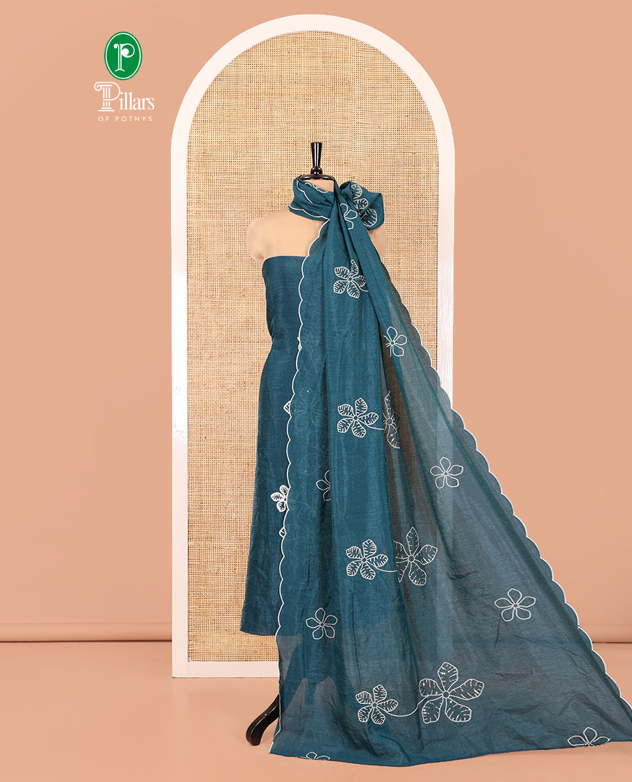 Peacock Blue Material Chudidar Set, Delicately Woven with Floral Thread Embroidered Mul Chanderi Top, a Mul Chanderi Bottom, Paired with Floral Thread-Embroidered Mul Chanderi Dupatta