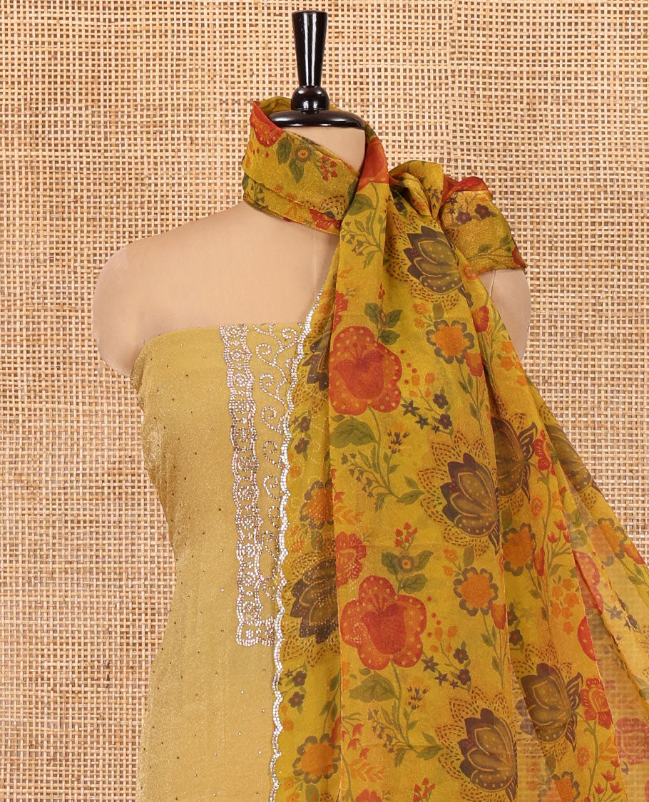 Yellow Moss Organza Material Chudidar Set, Finely Crafted with Stonework Top, a Plain Bottom, and Floral Printed Scallop-Stonework Bordered Dupatta