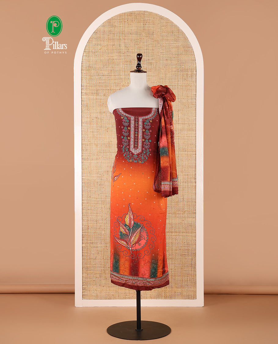 Red chudidar material set, double-shaded daman flower design print with stone work crepe top, leaf motif print & lace work kaleidoscopic-colored chinon dupatta & plain crepe bottom
