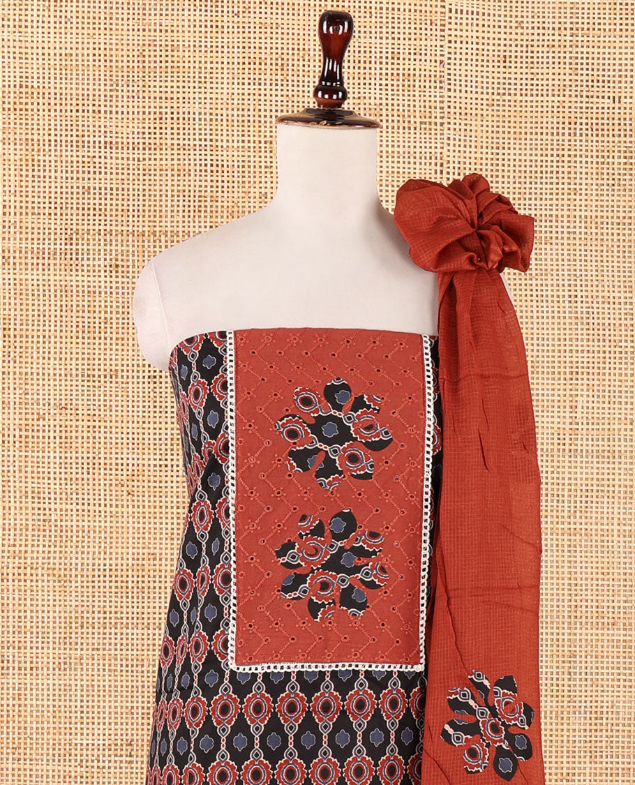 Black material chudidar set,ajrakh print & neck hakoba embroidery soft cotton top,plain cotton bottom & contrast ajrakh patchwork kota dupatta