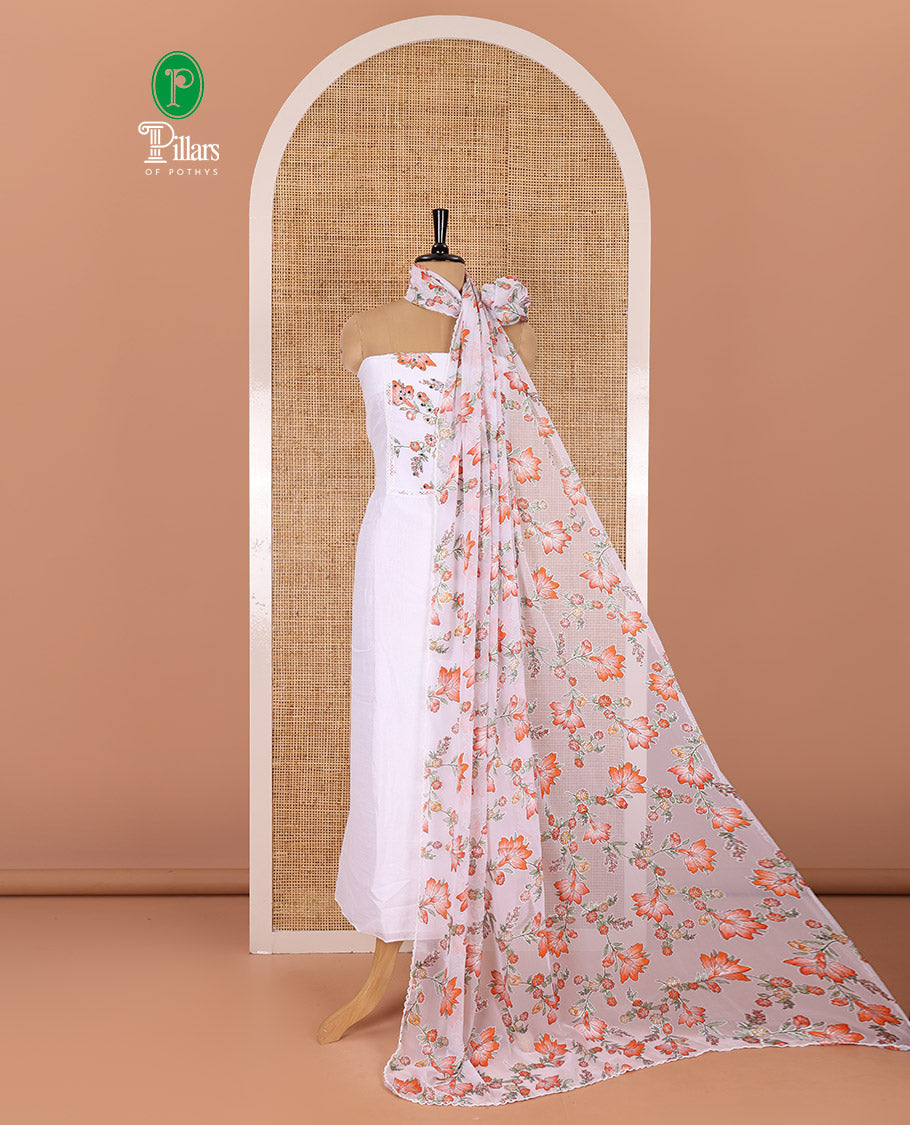 White-orange material chudidar set, floral vine printed with orginal mirror work Vichitra silk top, a matching bottom, and a floral vine printed georgette dupatta