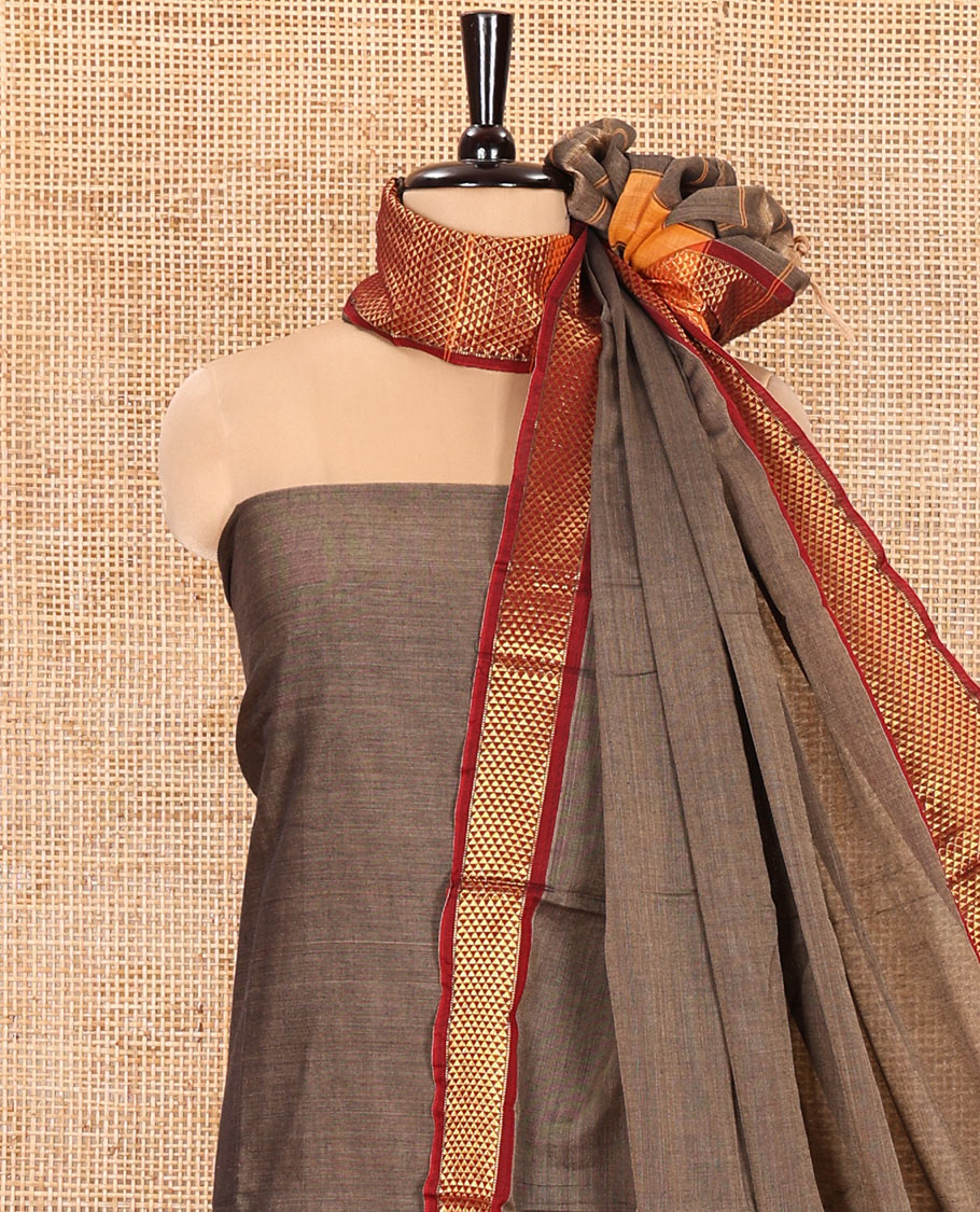 Brown Mercerised Cotton Material Churidar Set, Subtly Made with Plain and Traditional Ara Maadam Bordered Top, Comes with a Plain Mercerised Cotton Bottom, and Is Paired with a Mercerised Cotton Ara Maadam Woven Dupatta