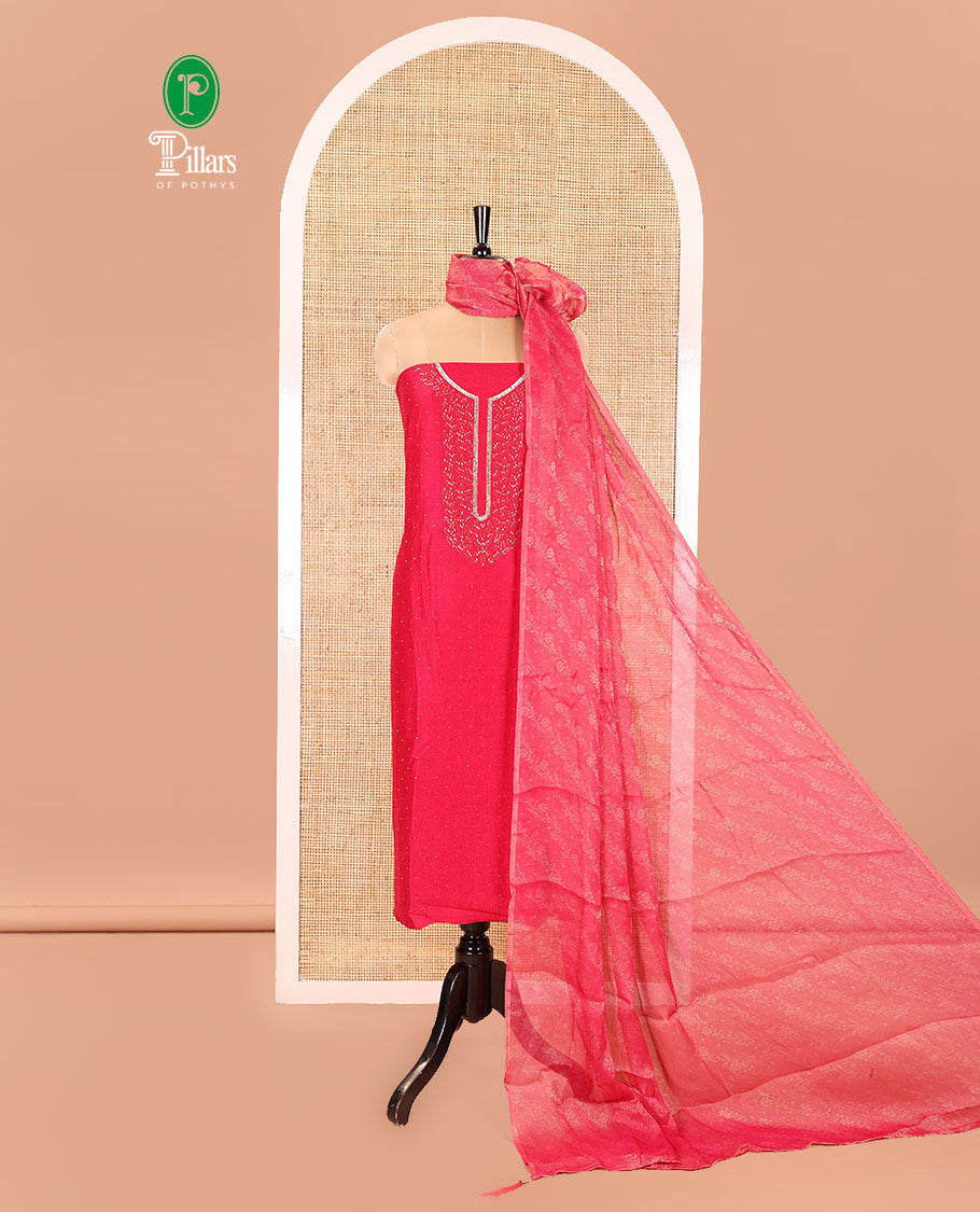 Pink Vichitra Silk Material Churidar Set, Mesmerized with Swarovski Stone Work and Neck Work Top, Comes with a Plain Santoon Bottom, and Is Paired with Nc Moss Organza Floral Jaal Design Dupatta
