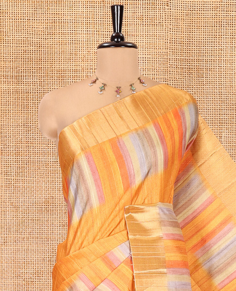 Orange Plain Fancy Tussar Saree, Highlighted by a Zari Bavanji Handbrush Painting-Style Striped Border, Striped Pallu, and Paired with a Matching Blouse