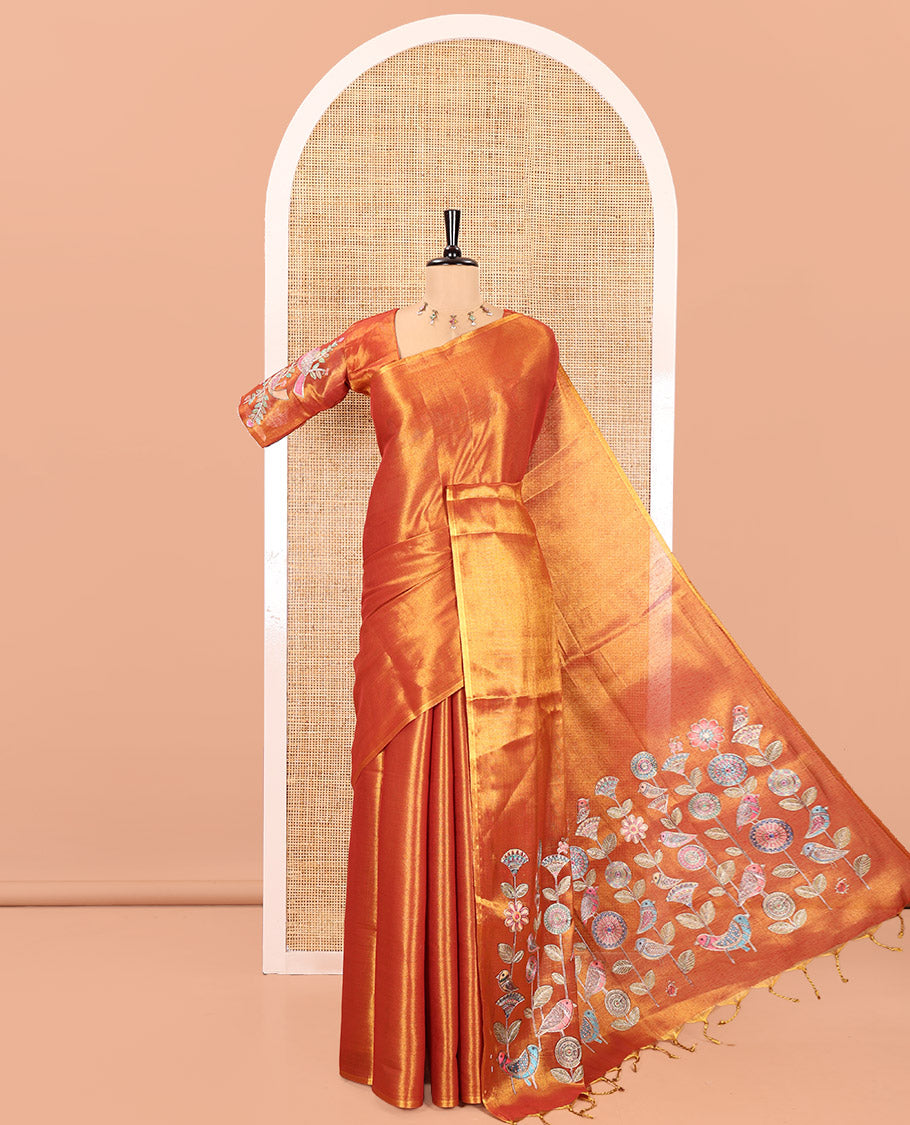 Borderless Red Tissue Saree, Enthralled with Colorful Floral-Bird Motif Printed with Outline Embroidery on Its Body, and Paired with a Readymade Elbow-Sleeve Round-Neck Blouse