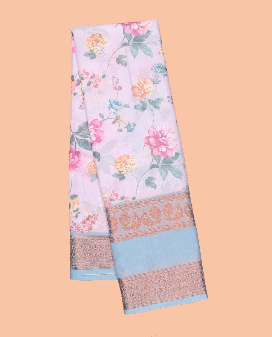 Lavender floral printed semi-banaras printed saree, contrast traditional design border & striped pallu
