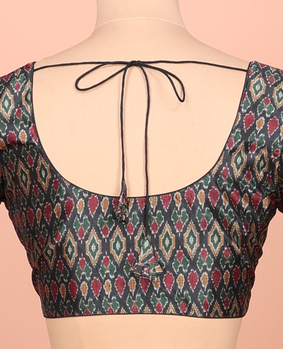 Black Readymade Blouse Featuring Ikat Print, a Front Round-Neck, Back Round-Neck, and Half-Sleeves