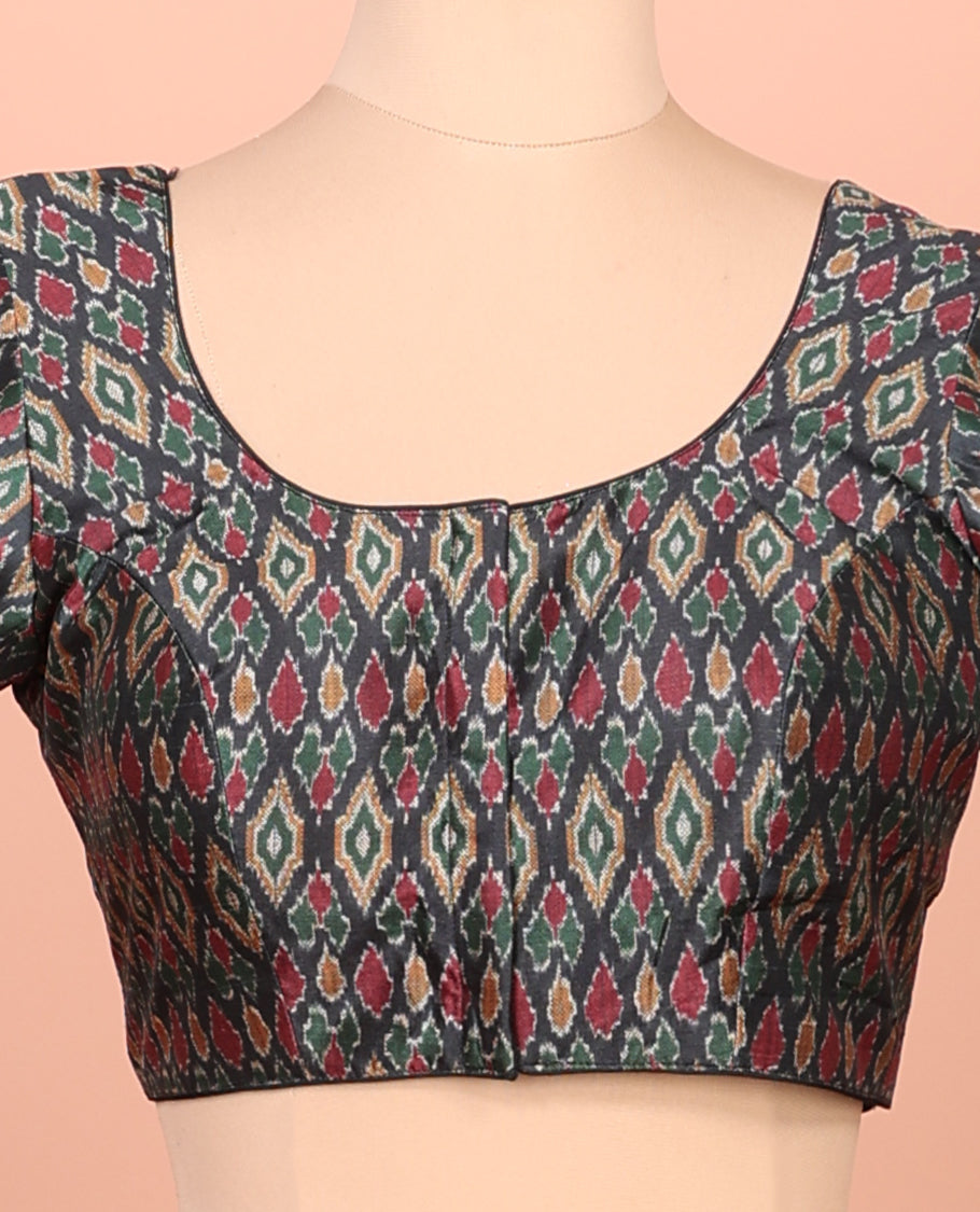 Black Readymade Blouse Featuring Ikat Print, a Front Round-Neck, Back Round-Neck, and Half-Sleeves