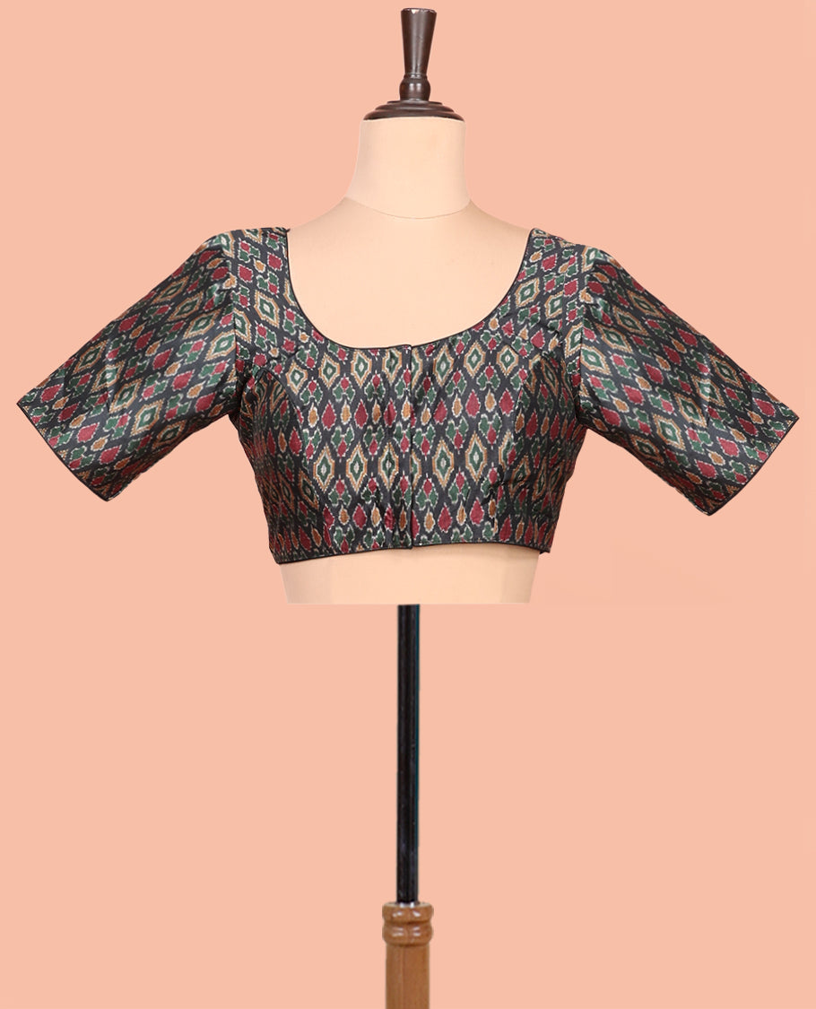 Black Readymade Blouse Featuring Ikat Print, a Front Round-Neck, Back Round-Neck, and Half-Sleeves
