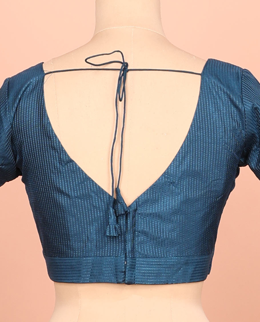 Blue thread work front-back leaf-neck elbow sleeve readymade blouse