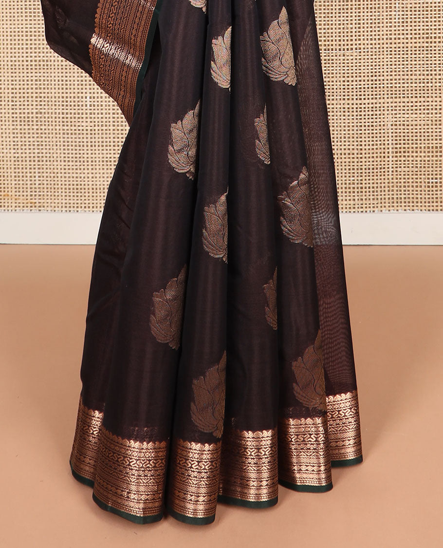 dark brown floral motifs silk cotton saree with contrast zari design border & geometric design pallu