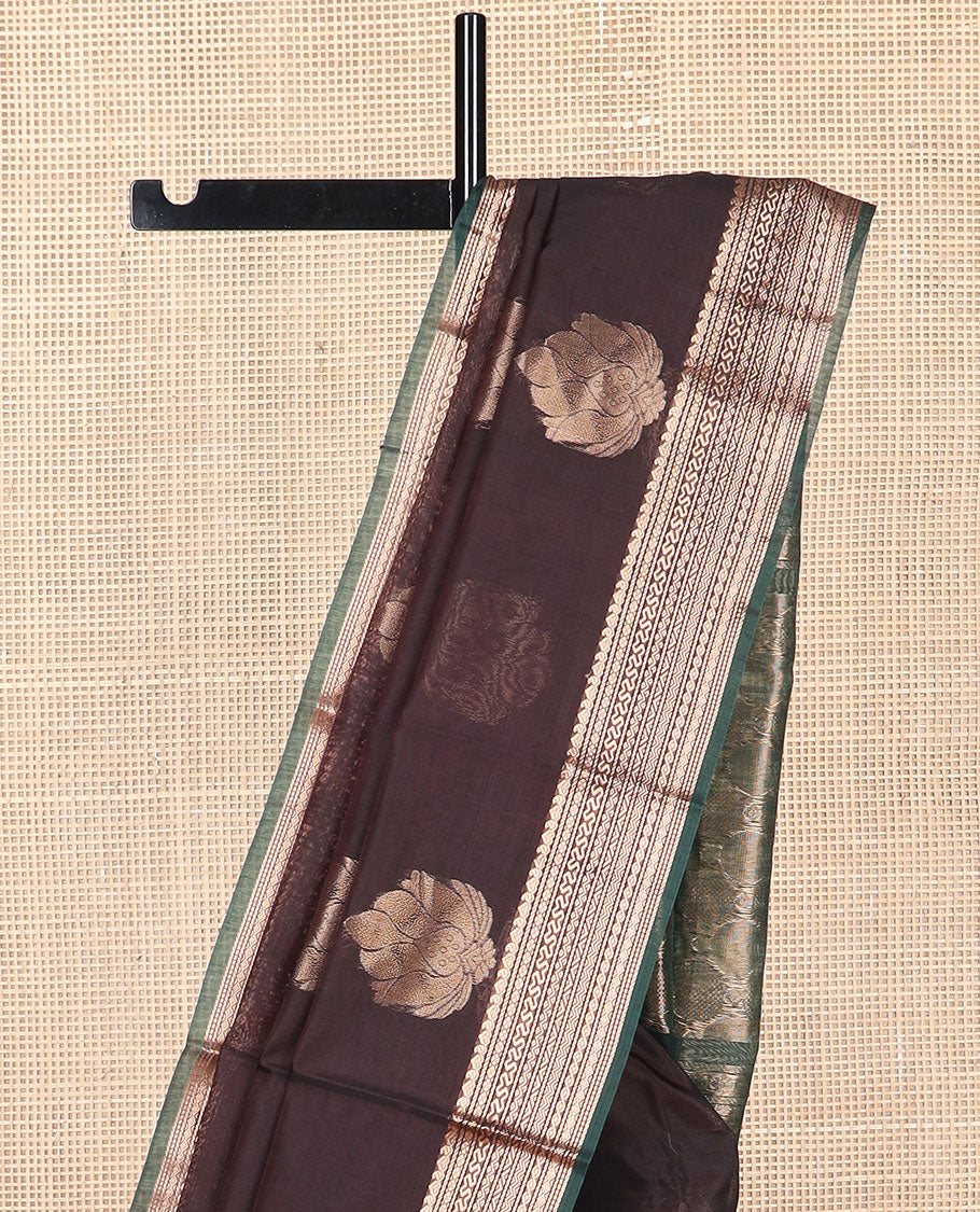 dark brown floral motifs silk cotton saree with contrast zari design border & geometric design pallu