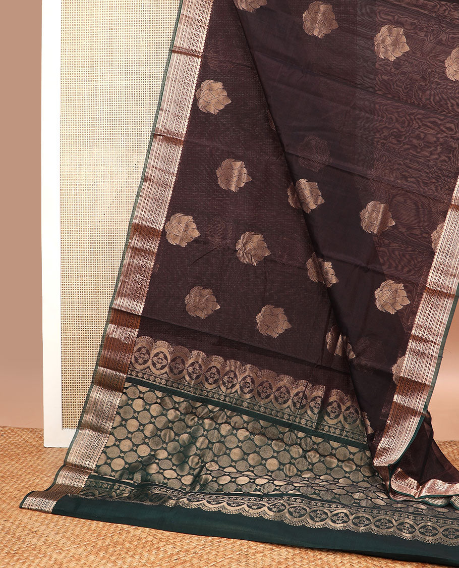 dark brown floral motifs silk cotton saree with contrast zari design border & geometric design pallu