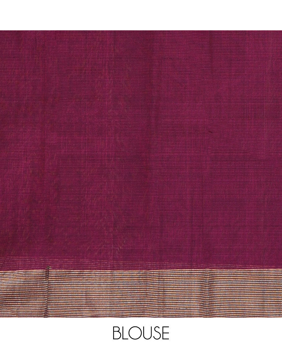 Brown rectangular zari buttas silk cotton saree, contrast border, and pallu of floral enclosed checks