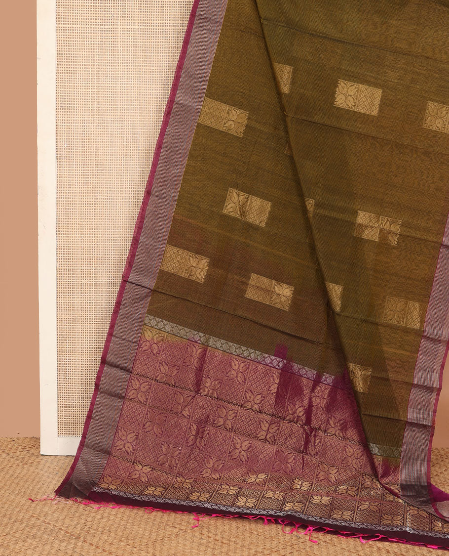 Brown rectangular zari buttas silk cotton saree, contrast border, and pallu of floral enclosed checks