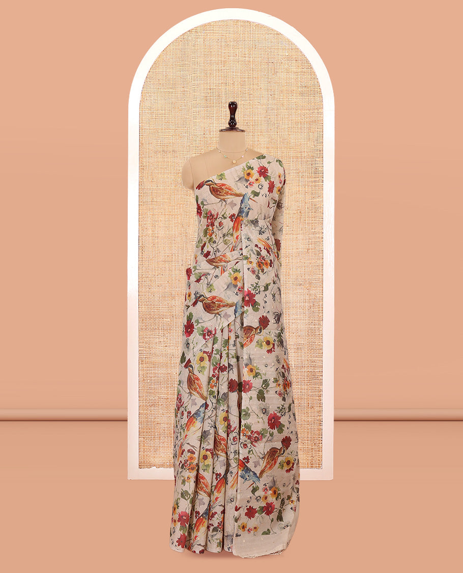 Borderless Sandal Tussar Saree, Mesmerized with Floral and Bird Print, a Self-Pallu, and a Matching Blouse